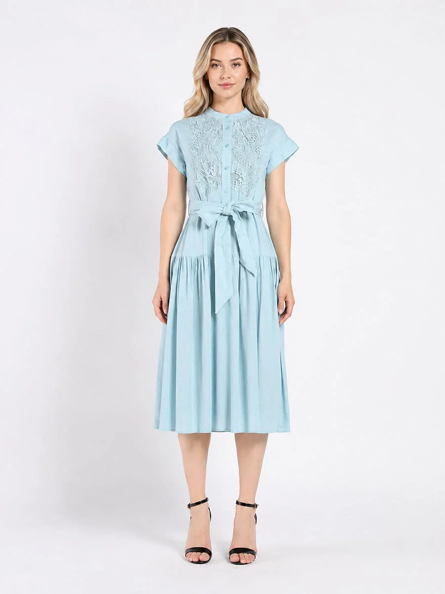 Embroidered Midi Dress with Cap Sleeves and Waist