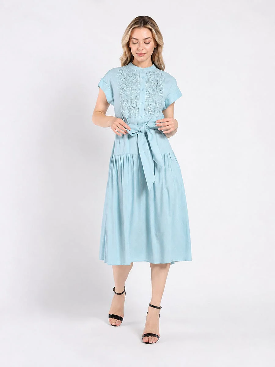 Embroidered Midi Dress with Cap Sleeves and Waist - Image 2