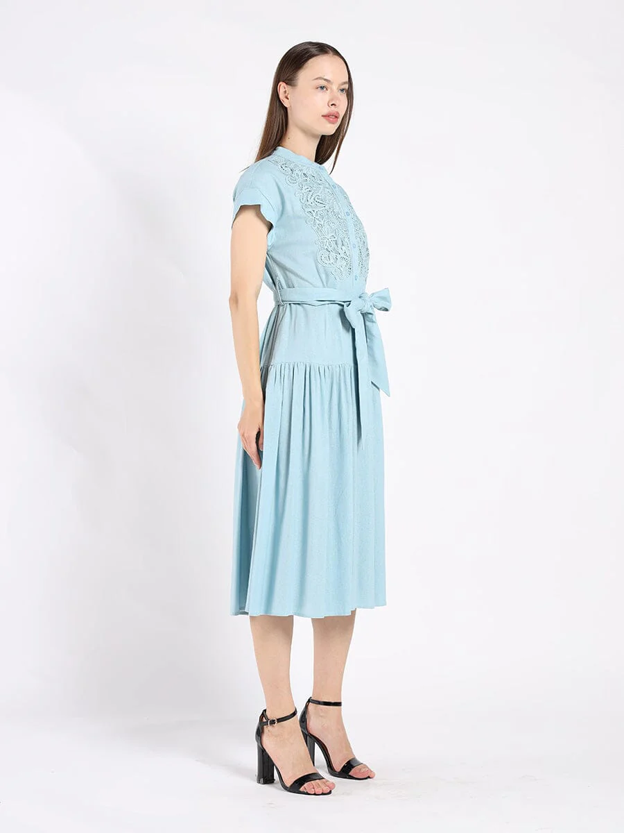 Embroidered Midi Dress with Cap Sleeves and Waist - Image 3