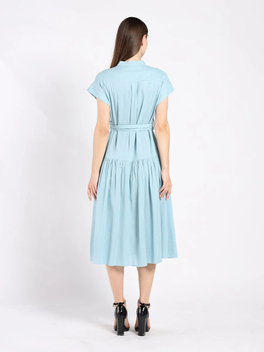 Embroidered Midi Dress with Cap Sleeves and Waist - Image 4
