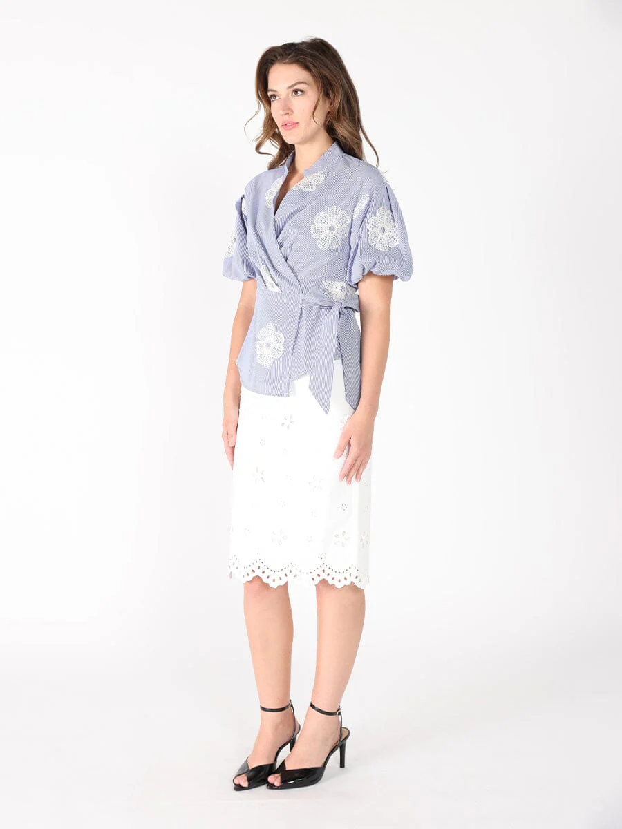 Embroidered Stripe Wrap Style Puff Sleeve Top - Image 3