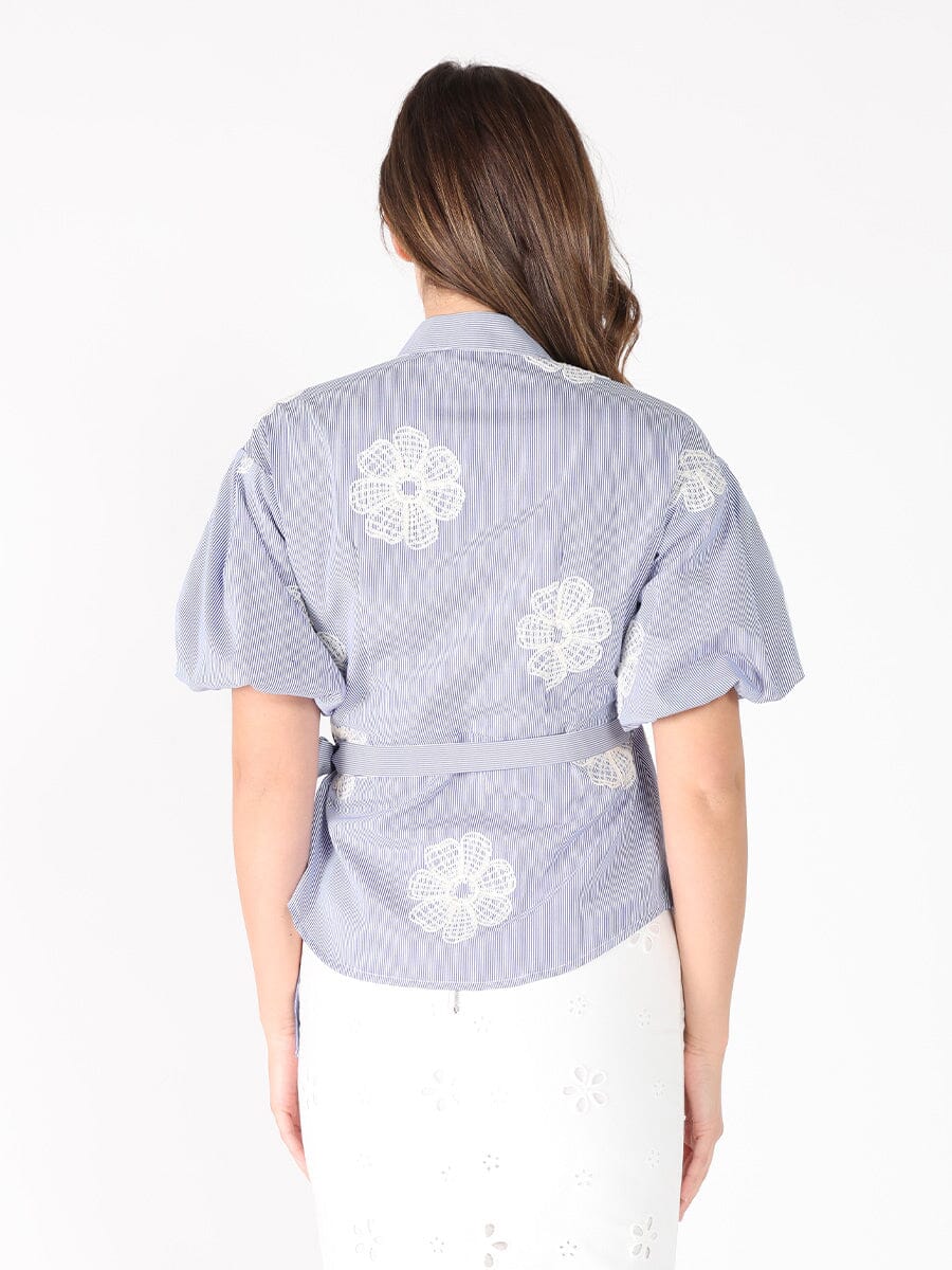 Embroidered Stripe Wrap Style Puff Sleeve Top - Image 4
