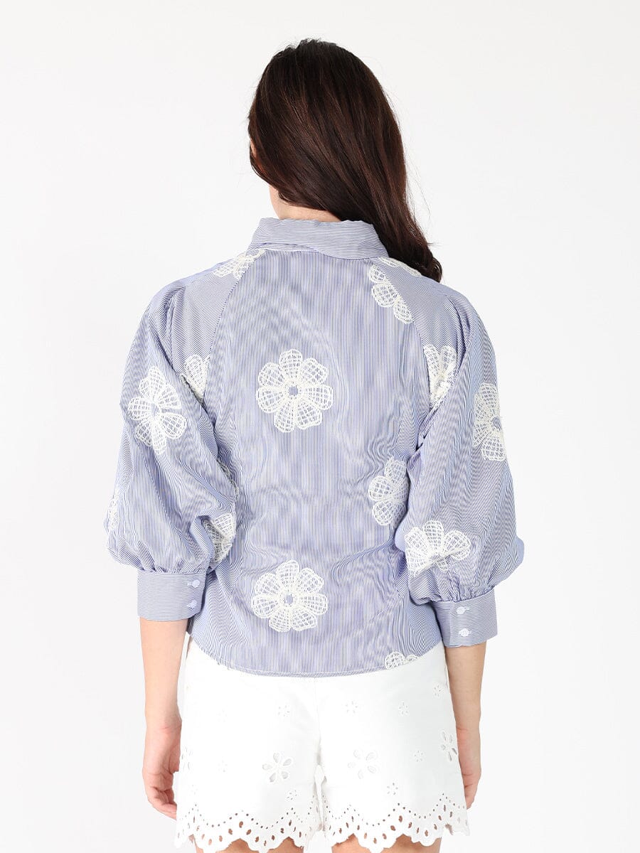 Embroidered Stripped Side Tie Long Sleeve Top - Image 4