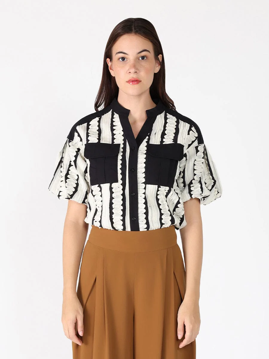 Emroidered Band V-Neck Puffed Sleeve Top