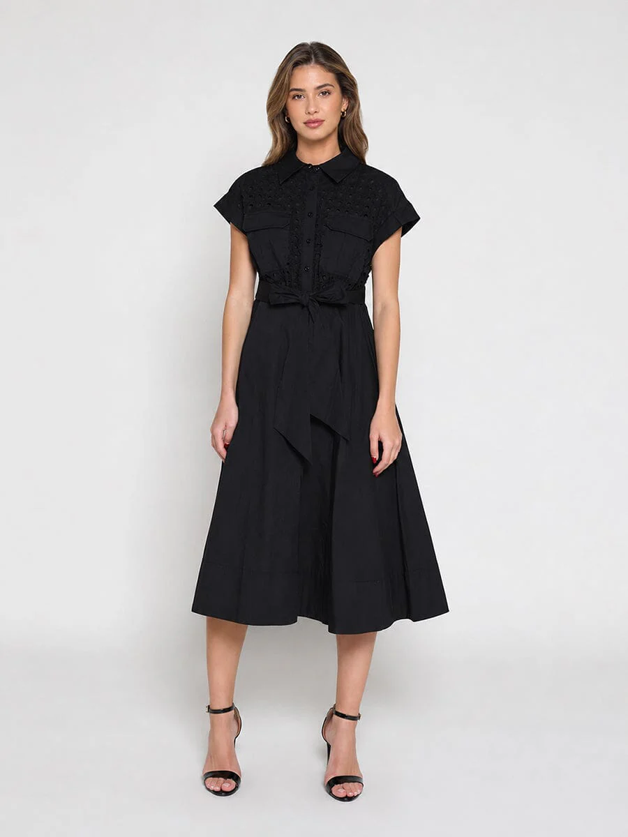 Eyelet And Solid Fabric Belt Dress