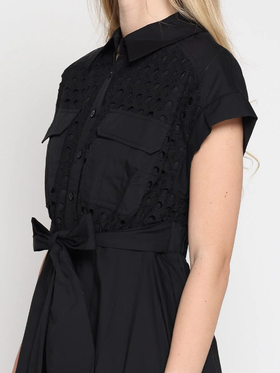 Eyelet And Solid Fabric Belt Dress - Image 3