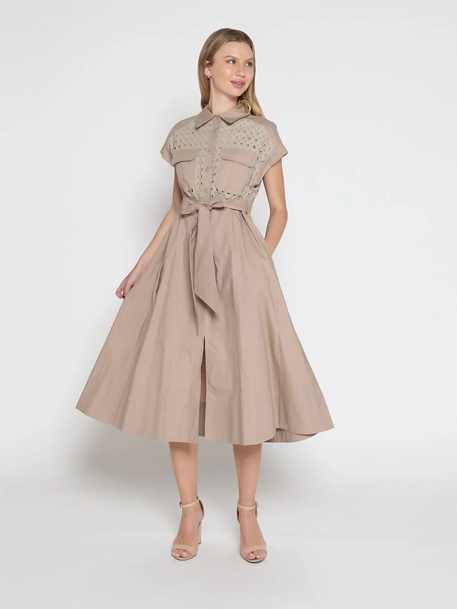 Eyelet And Solid Fabric Belt Dress - Image 6