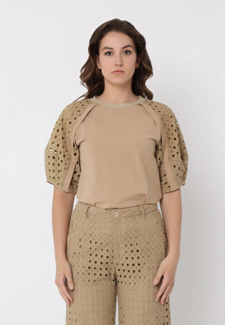 Eyelet sleeve and solid body crew neck top