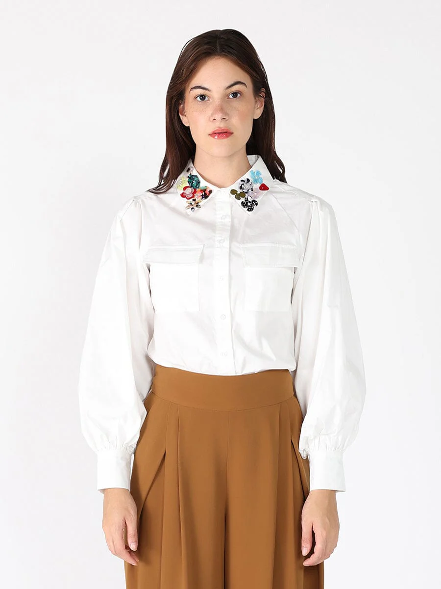 Floral-Appliqué Collared Long Sleeve Top