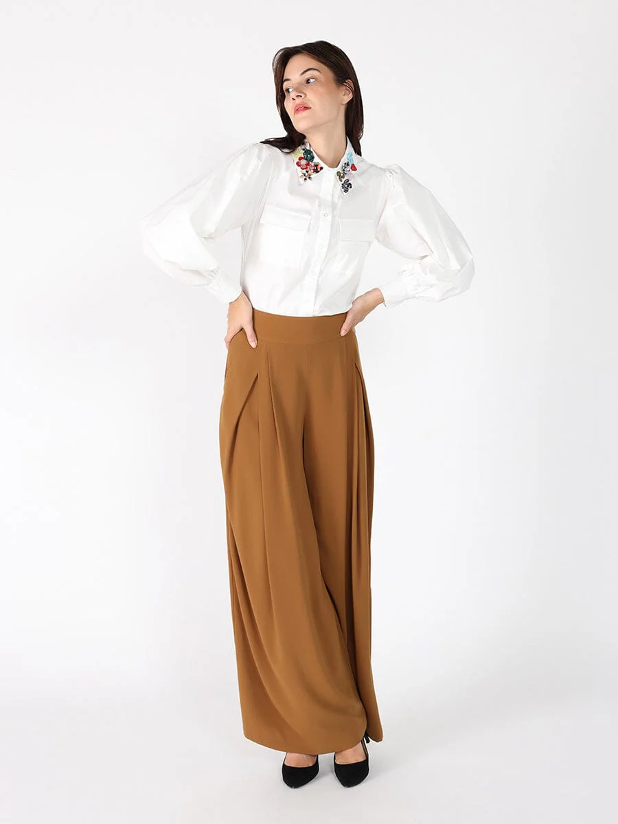 Floral-Appliqué Collared Long Sleeve Top - Image 2