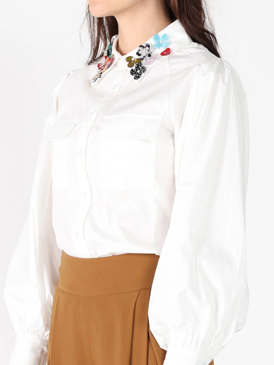 Floral-Appliqué Collared Long Sleeve Top - Image 3