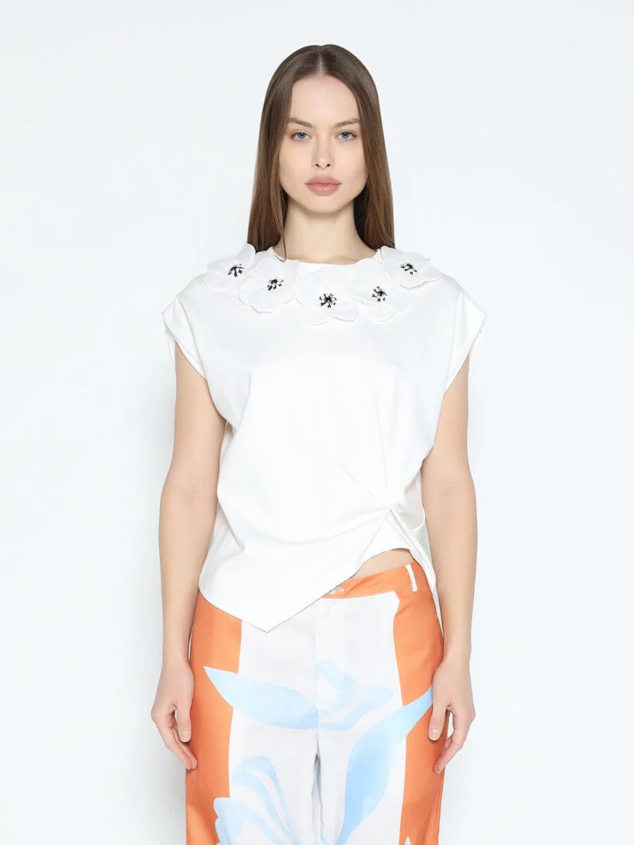 Floral Applique Round Neckline Side Twist Knot Top