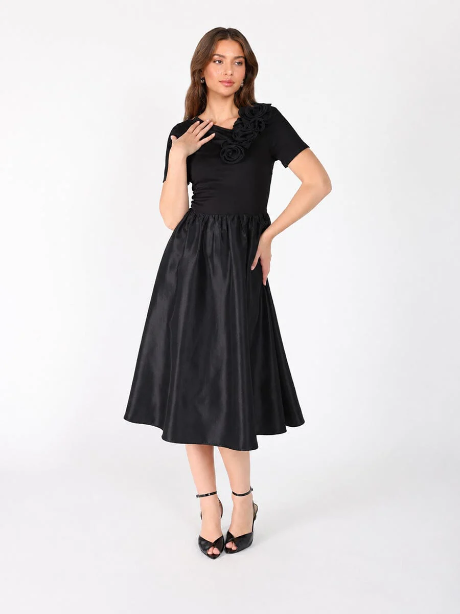 Floral Applique Satin & Cotton Fabric Dress - Image 2