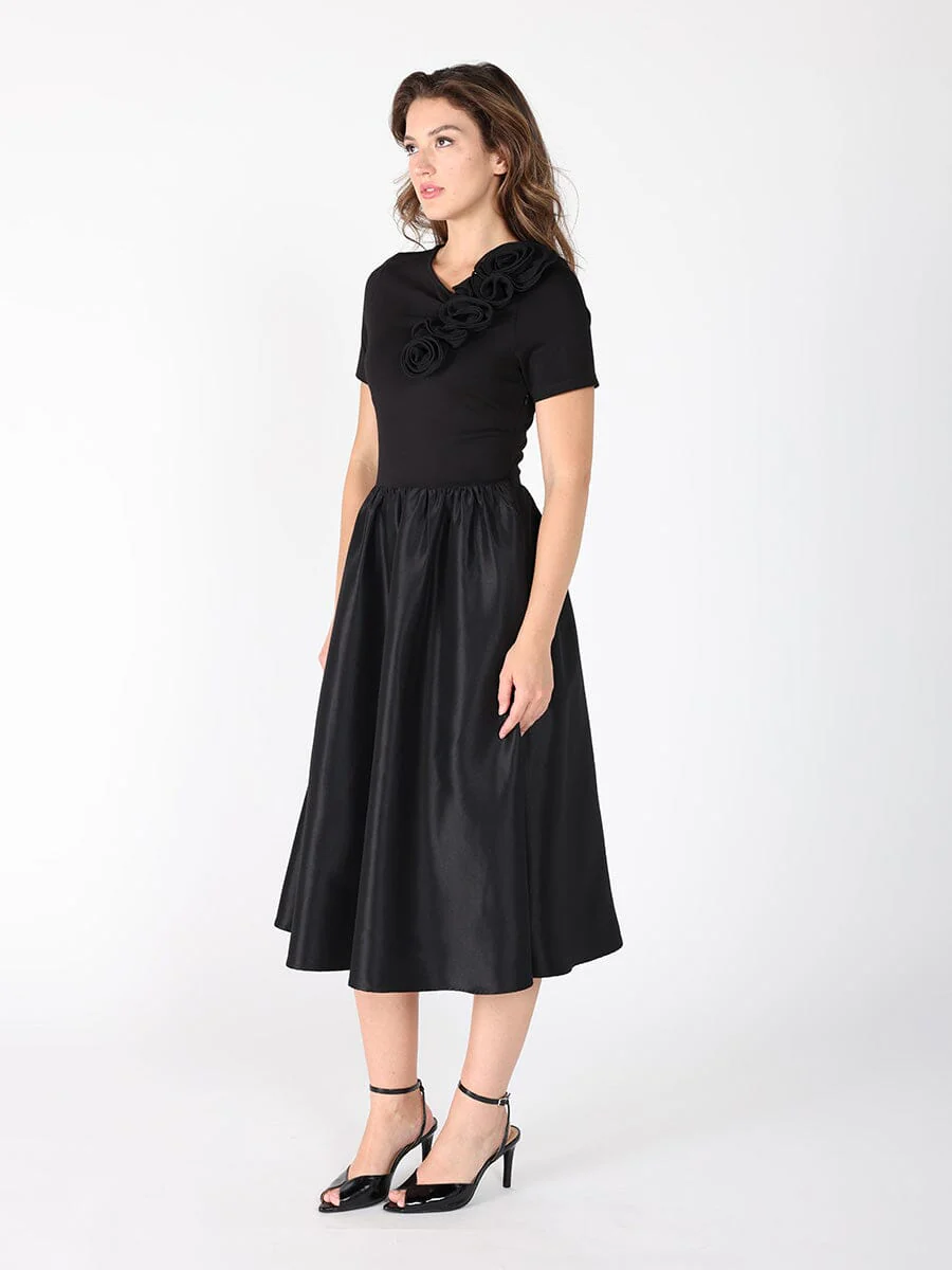 Floral Applique Satin & Cotton Fabric Dress - Image 3