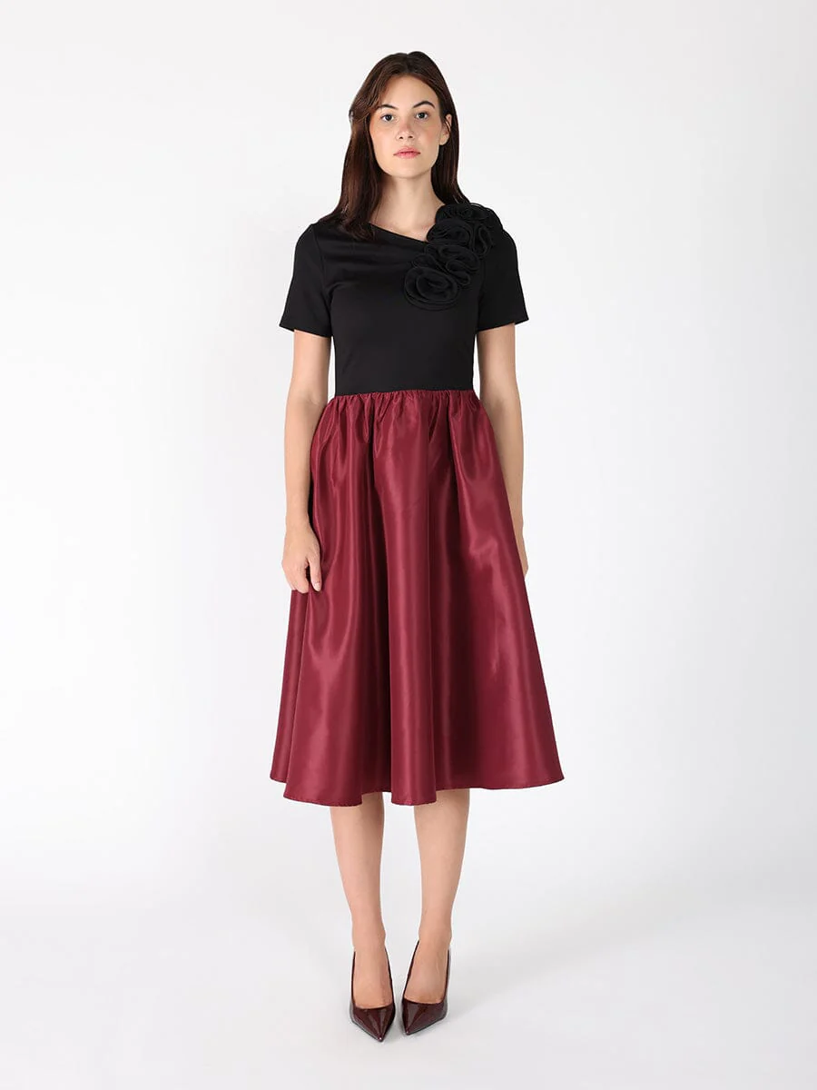 Floral Applique Satin & Cotton Fabric Dress - Image 5