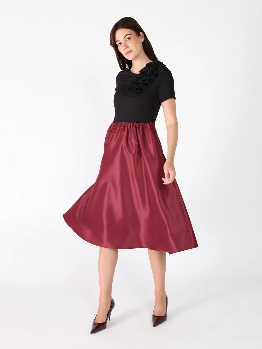 Floral Applique Satin & Cotton Fabric Dress - Image 6
