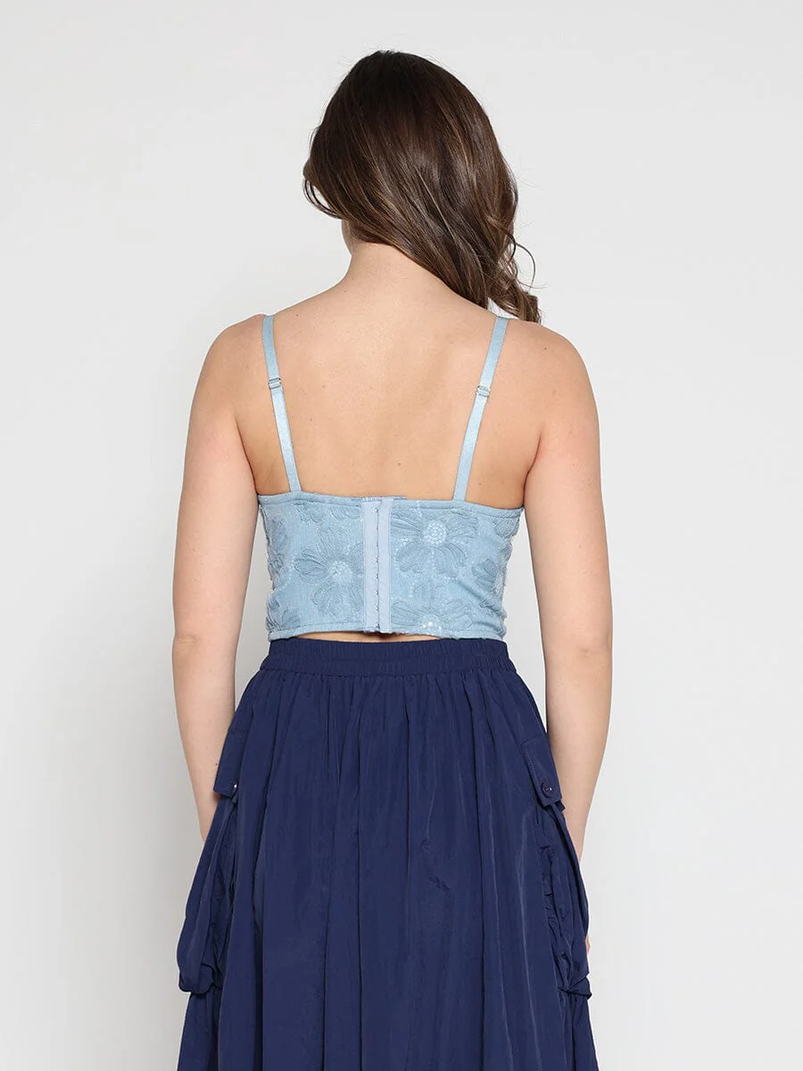 Floral Embroidered Denim Bustier Top - Image 4
