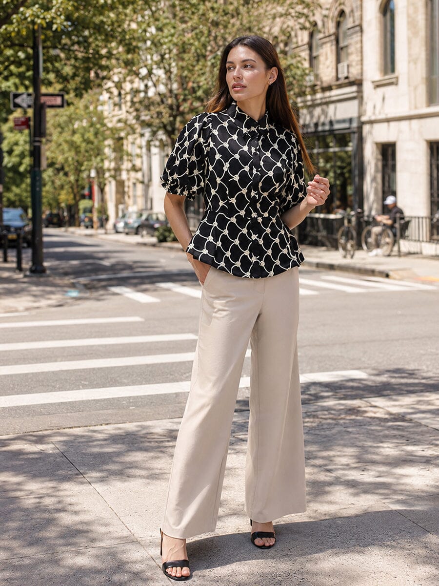 Floral Embroidered Puff Sleeve Peplum Top
