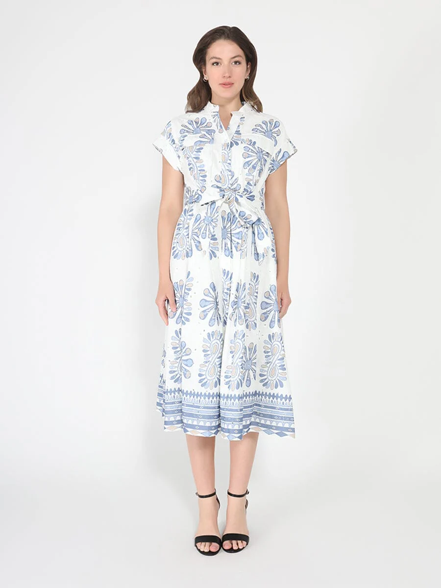 Floral embroidery short sleeve dress with belt