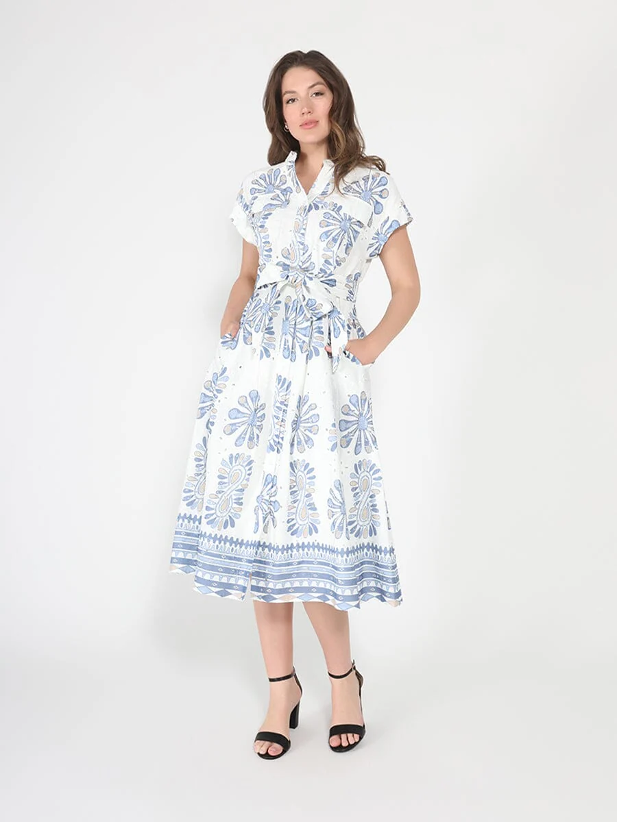 Floral embroidery short sleeve dress with belt - Image 2