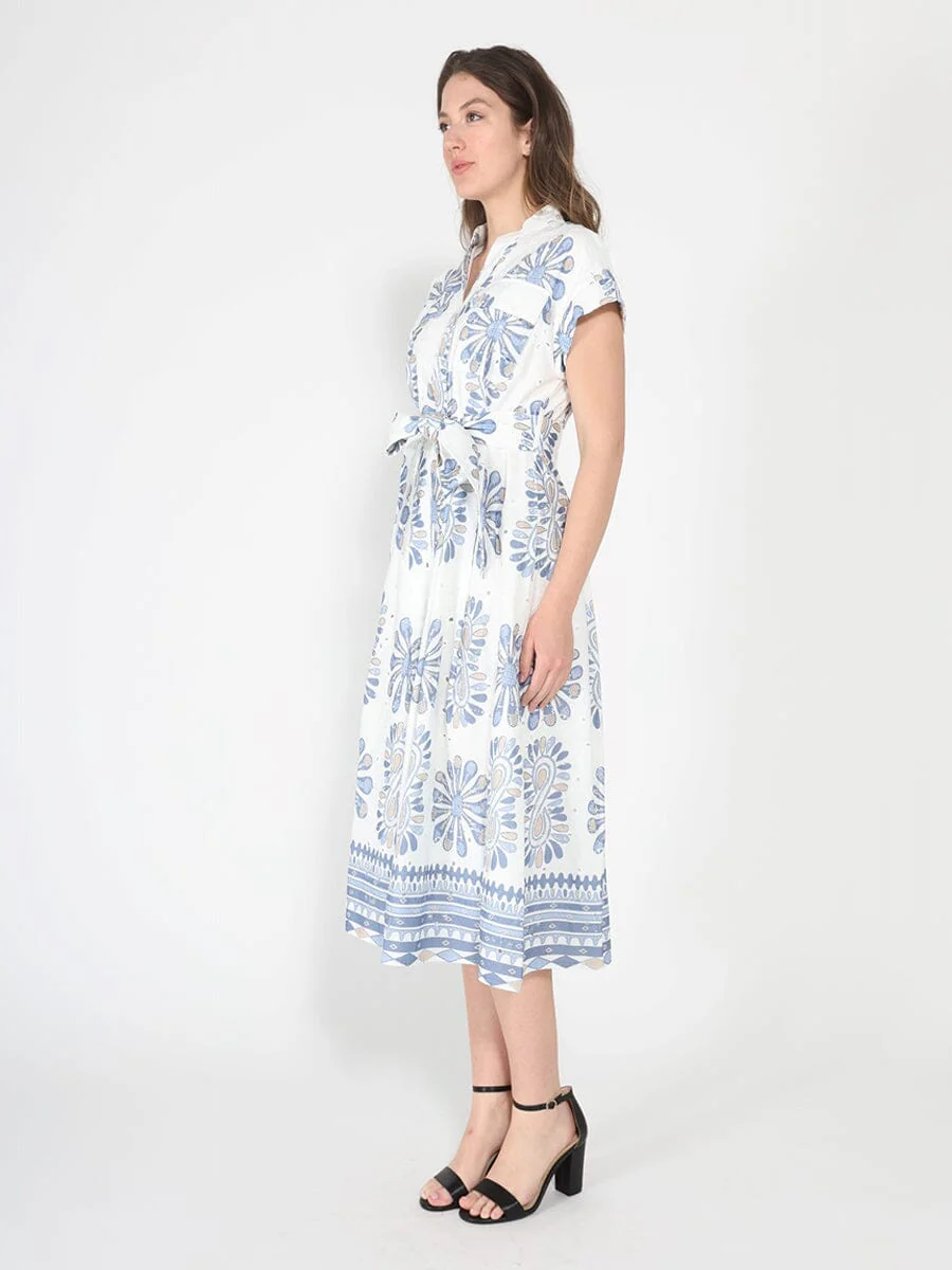 Floral embroidery short sleeve dress with belt - Image 3