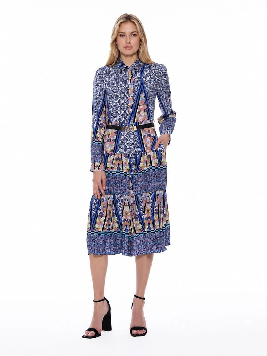 Floral Print Long Sleeve A-Line Buckle Belt Dress - Image 2