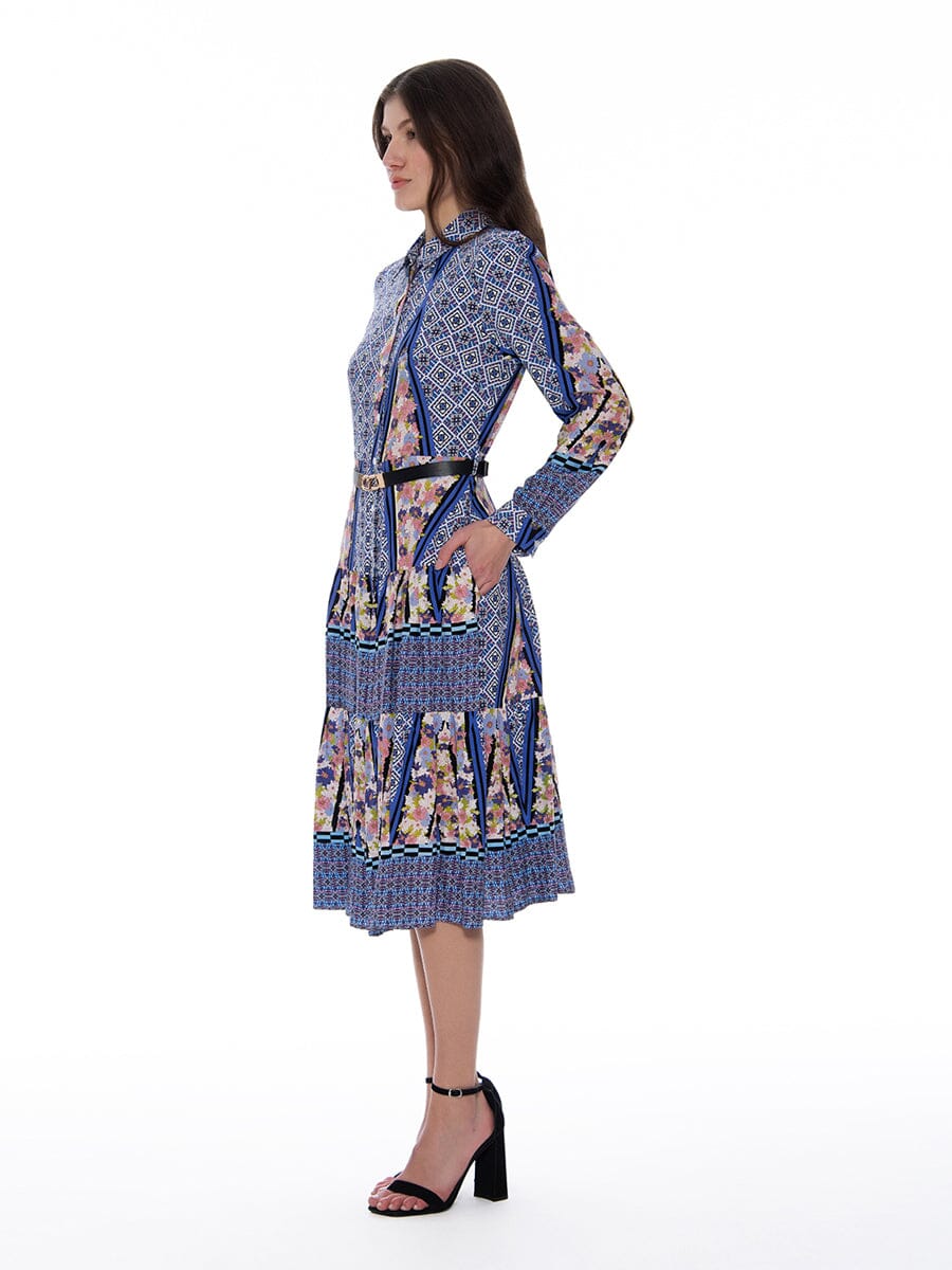 Floral Print Long Sleeve A-Line Buckle Belt Dress - Image 3