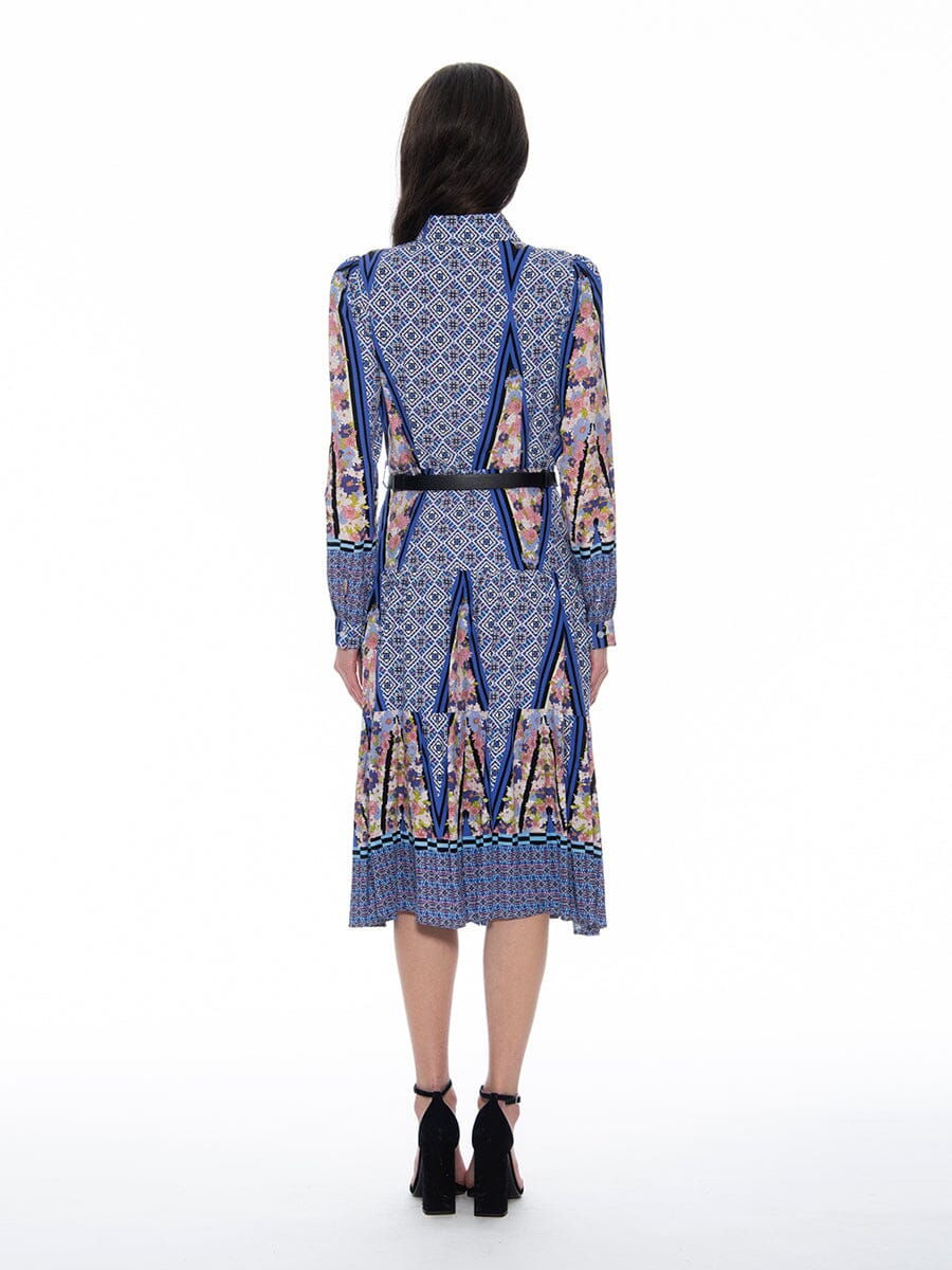 Floral Print Long Sleeve A-Line Buckle Belt Dress - Image 4