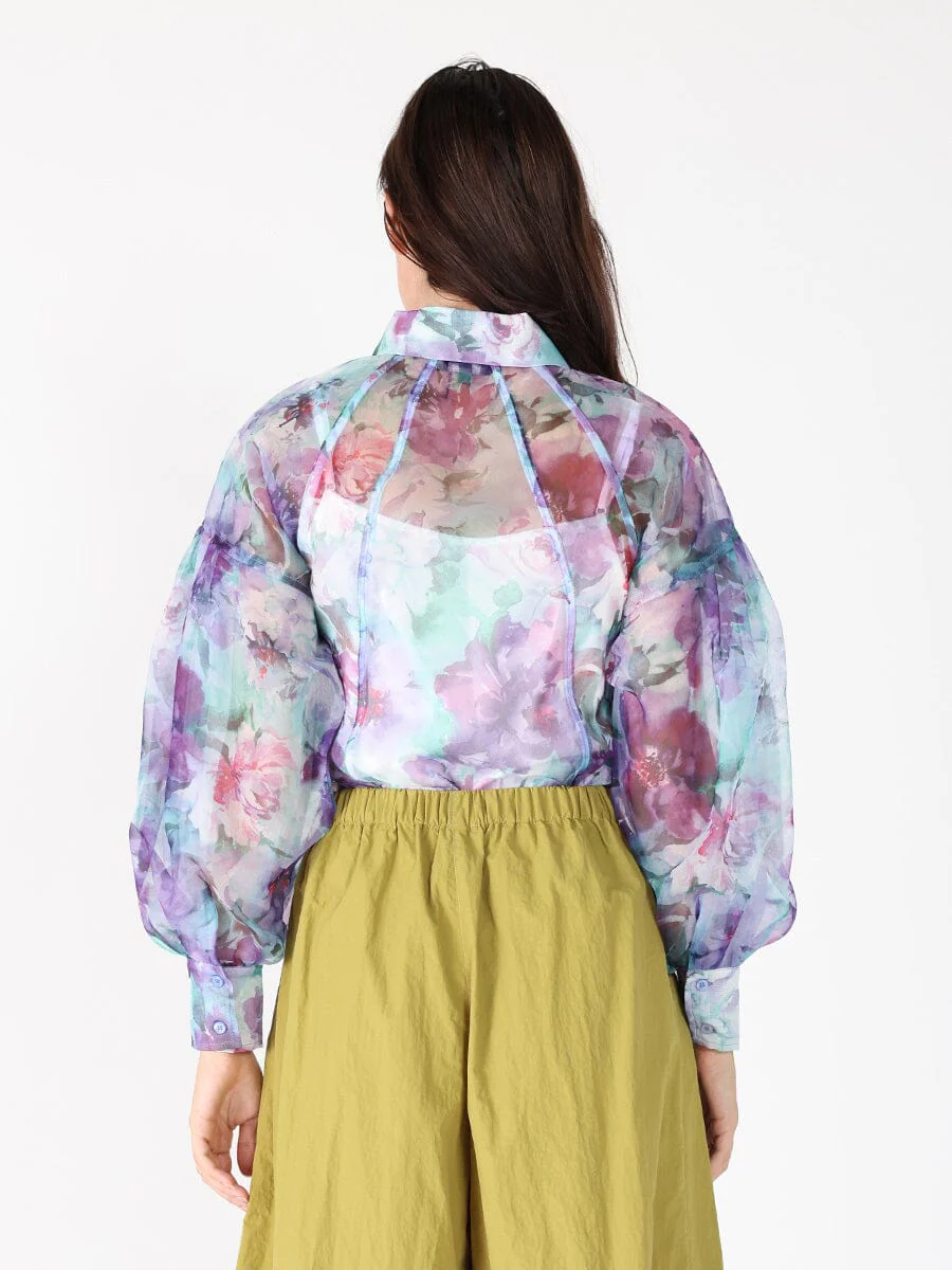 Floral print mesh puffed sleeve shirt top - Image 4