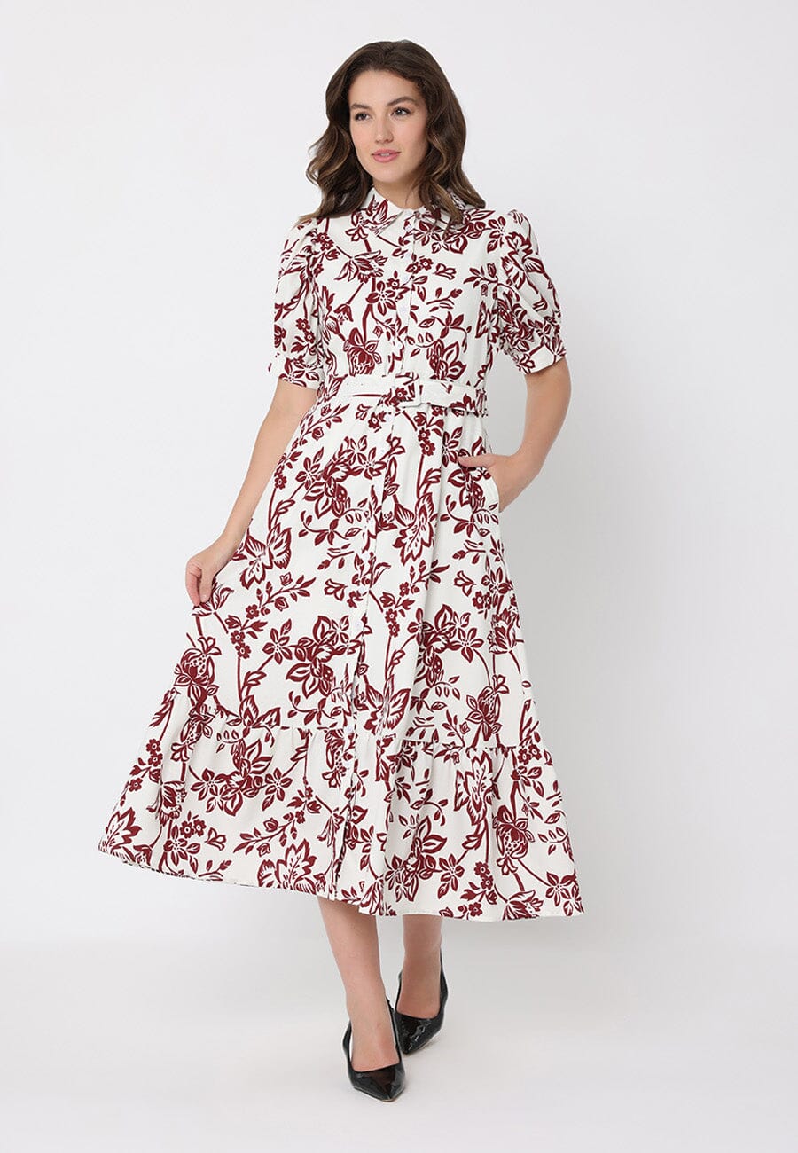 Floral Print Puff Sleeve Button Down Midi Dress - Image 2