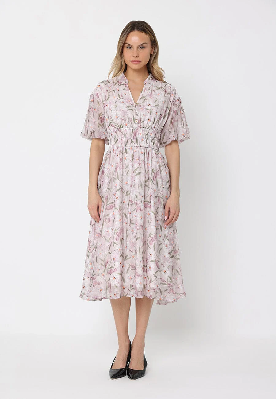 Floral Print Puff Sleeve Elastic Waist A-Line Dres