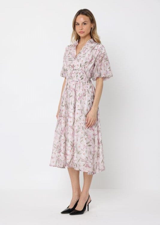 Floral Print Puff Sleeve Elastic Waist A-Line Dres - Image 3