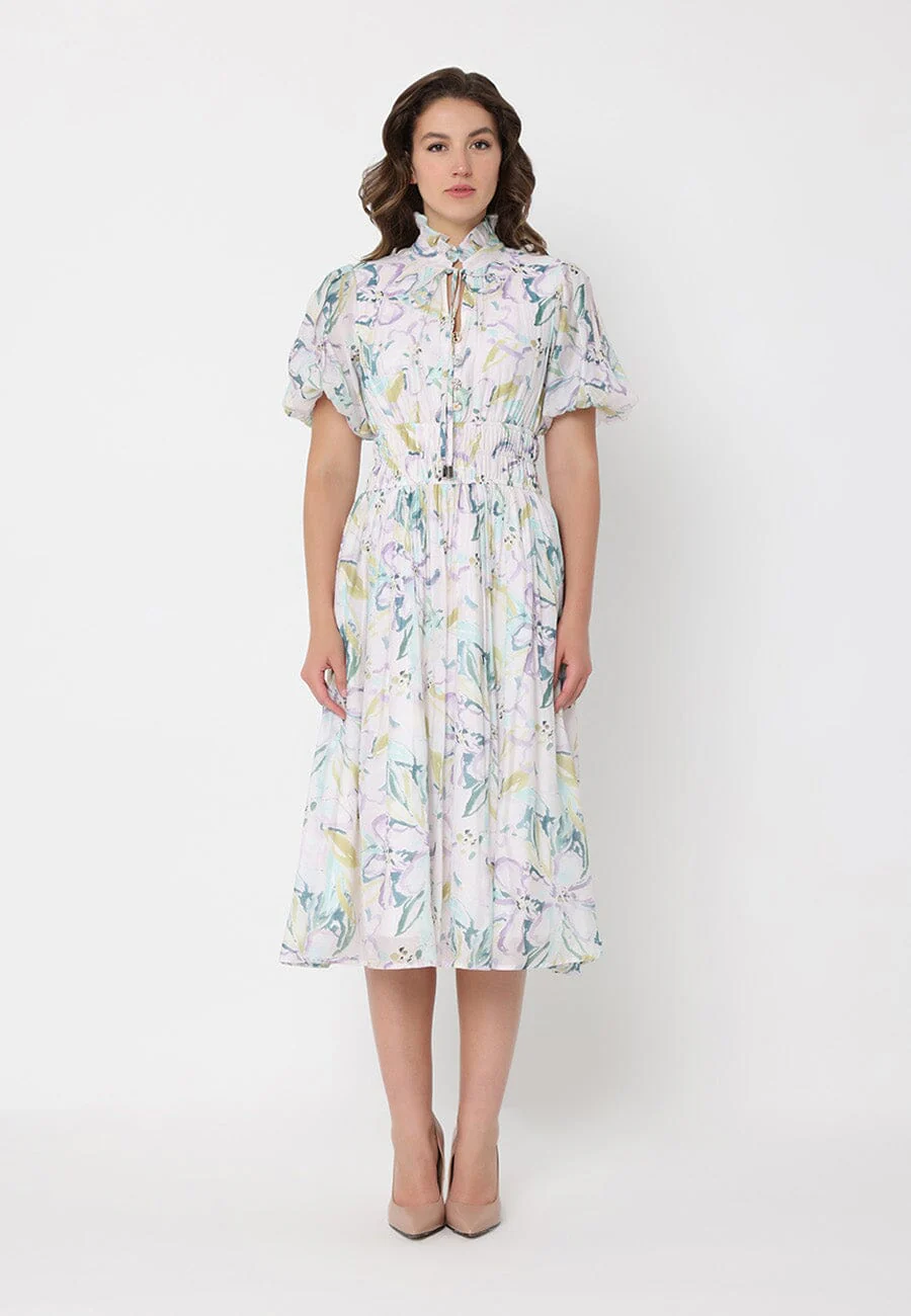 Floral Print Puff Sleeve Elastic Waist A-Line Dress