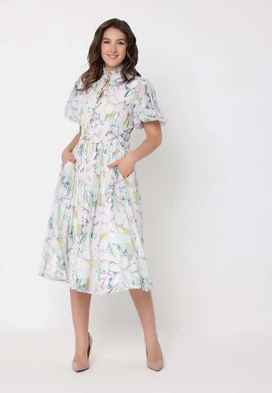 Floral Print Puff Sleeve Elastic Waist A-Line Dress - Image 2