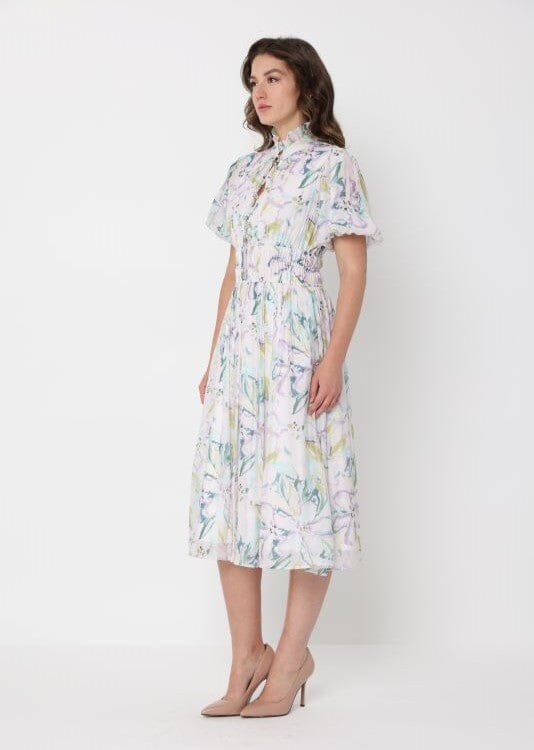 Floral Print Puff Sleeve Elastic Waist A-Line Dress - Image 3