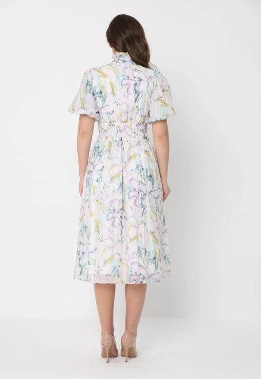 Floral Print Puff Sleeve Elastic Waist A-Line Dress - Image 4