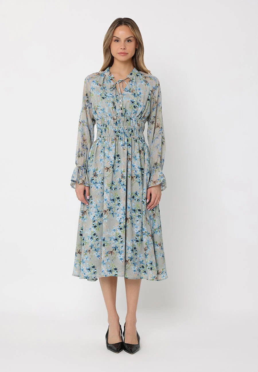 Floral Print Tie Neck Smocked Elastic Waist Dress