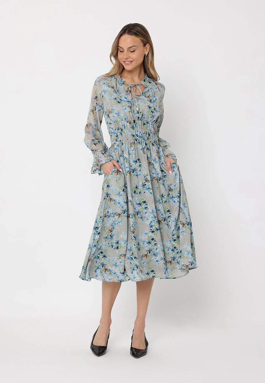 Floral Print Tie Neck Smocked Elastic Waist Dress - Image 2