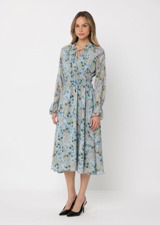 Floral Print Tie Neck Smocked Elastic Waist Dress - Image 3