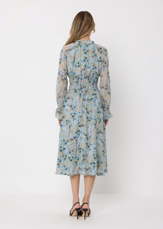 Floral Print Tie Neck Smocked Elastic Waist Dress - Image 4
