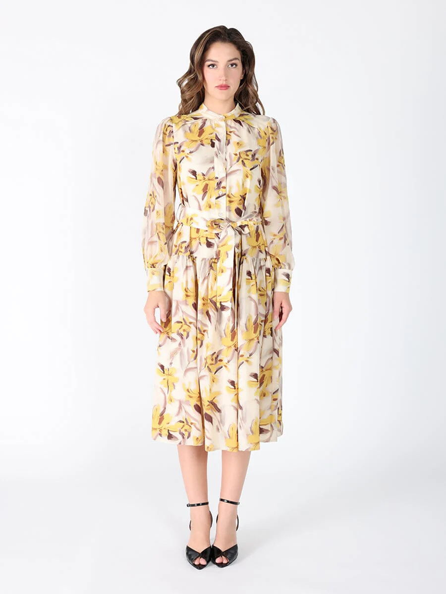 Floral Printed Long Sleeve Belt Dress