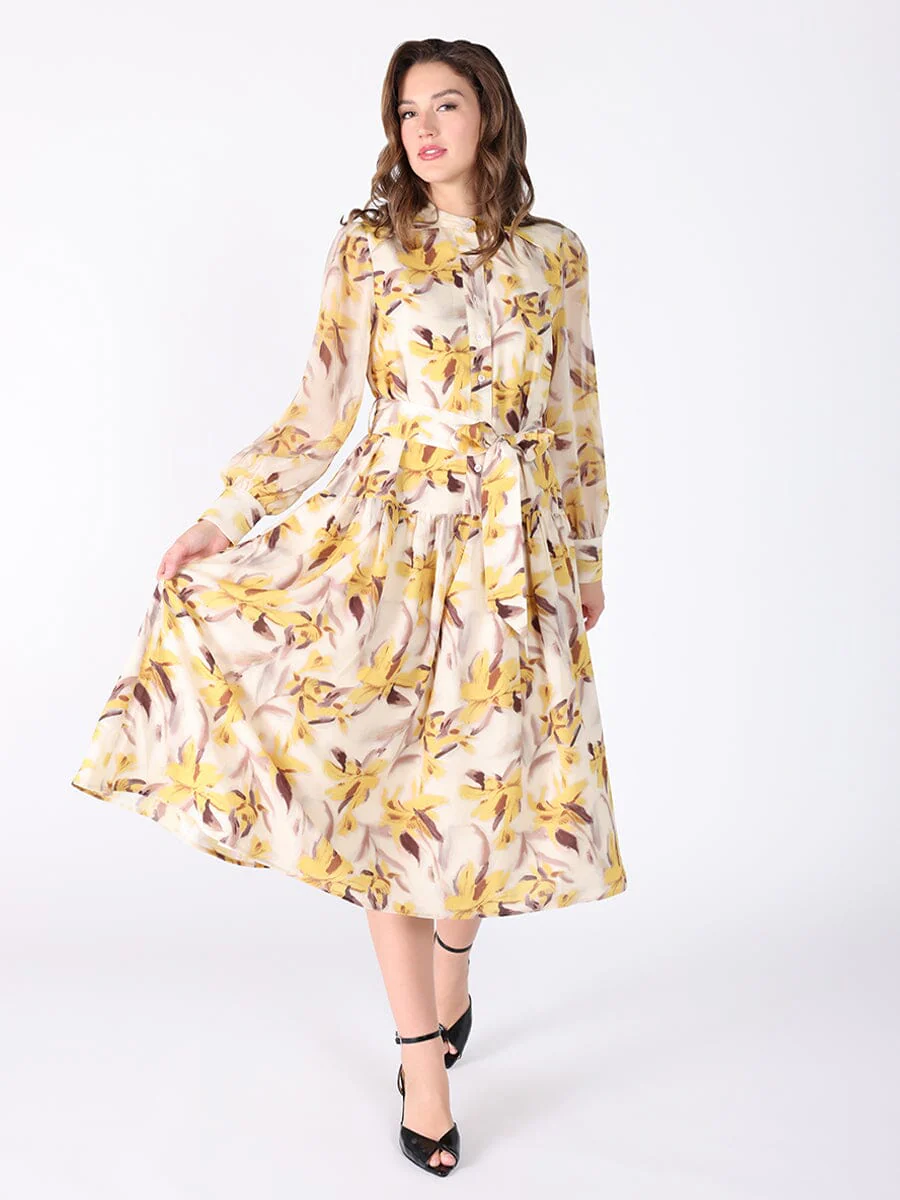 Floral Printed Long Sleeve Belt Dress - Image 2