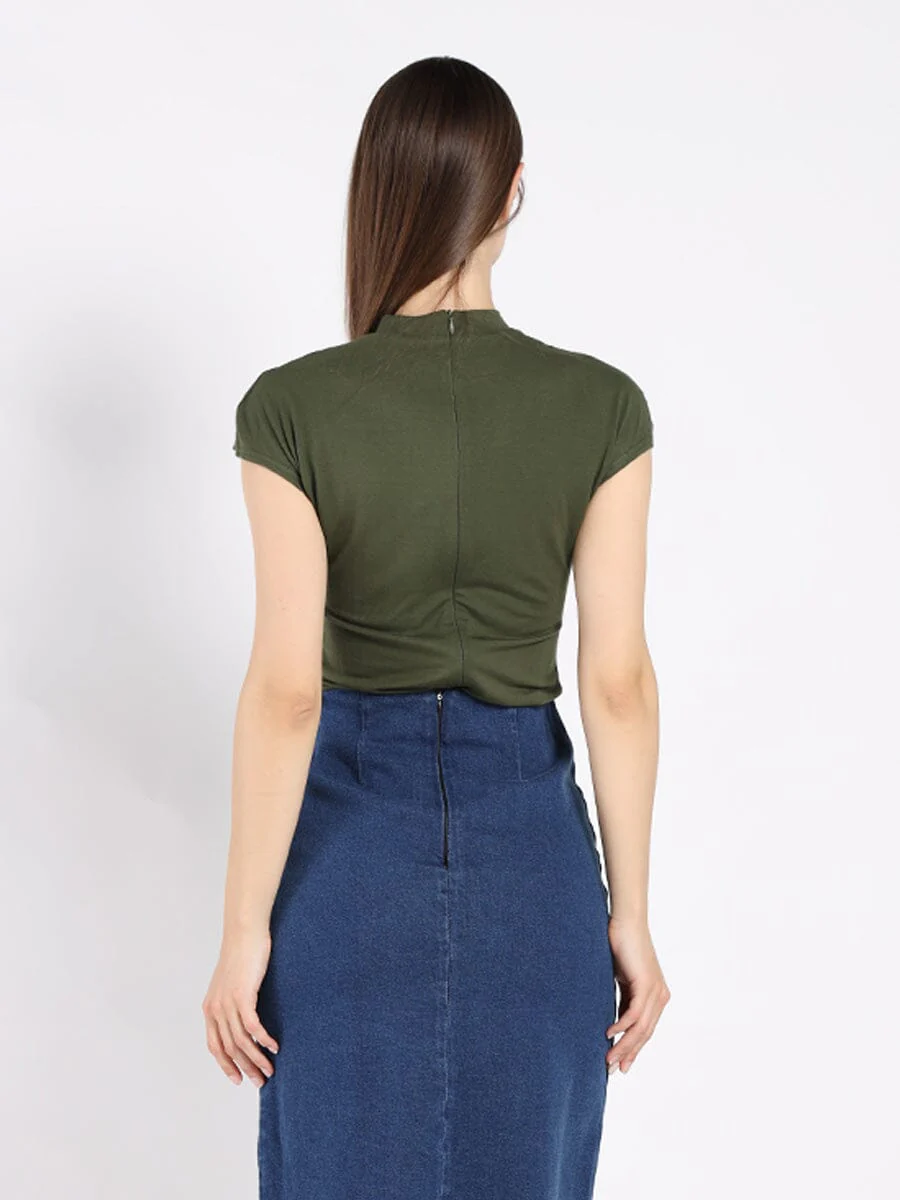 Flower Applique Mock Neck Cap Sleeve Top - Image 8