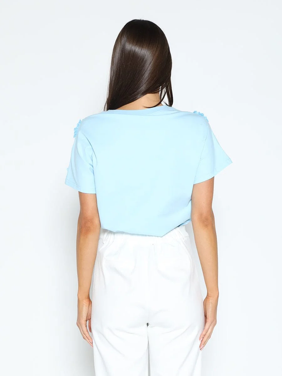 Flower Applique Solid Color T-Shirt - Image 4