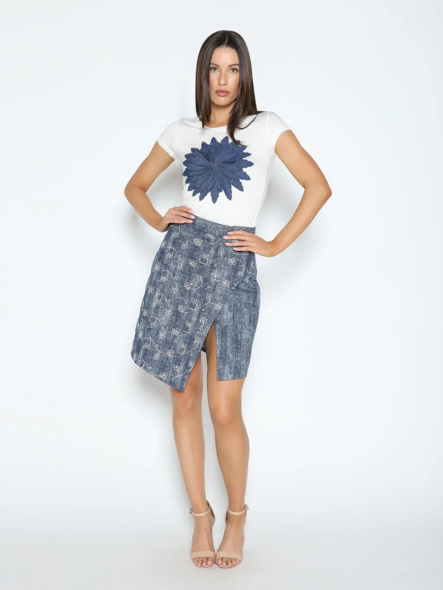 Flower Embroidered Mini Denim Skirt - Image 3