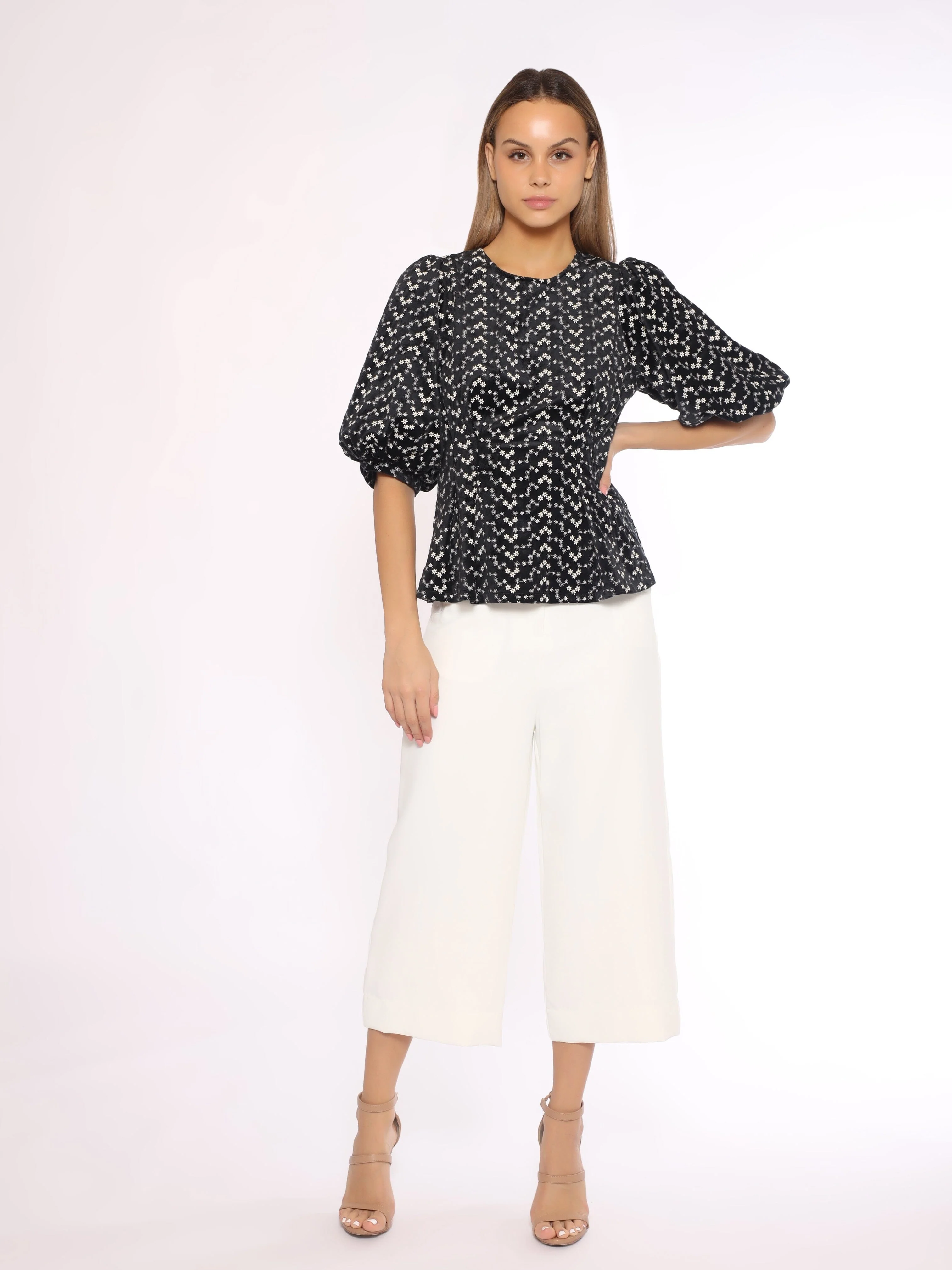 Flower Embroidered Puff Sleeve Peplum Style Blouse - Image 10