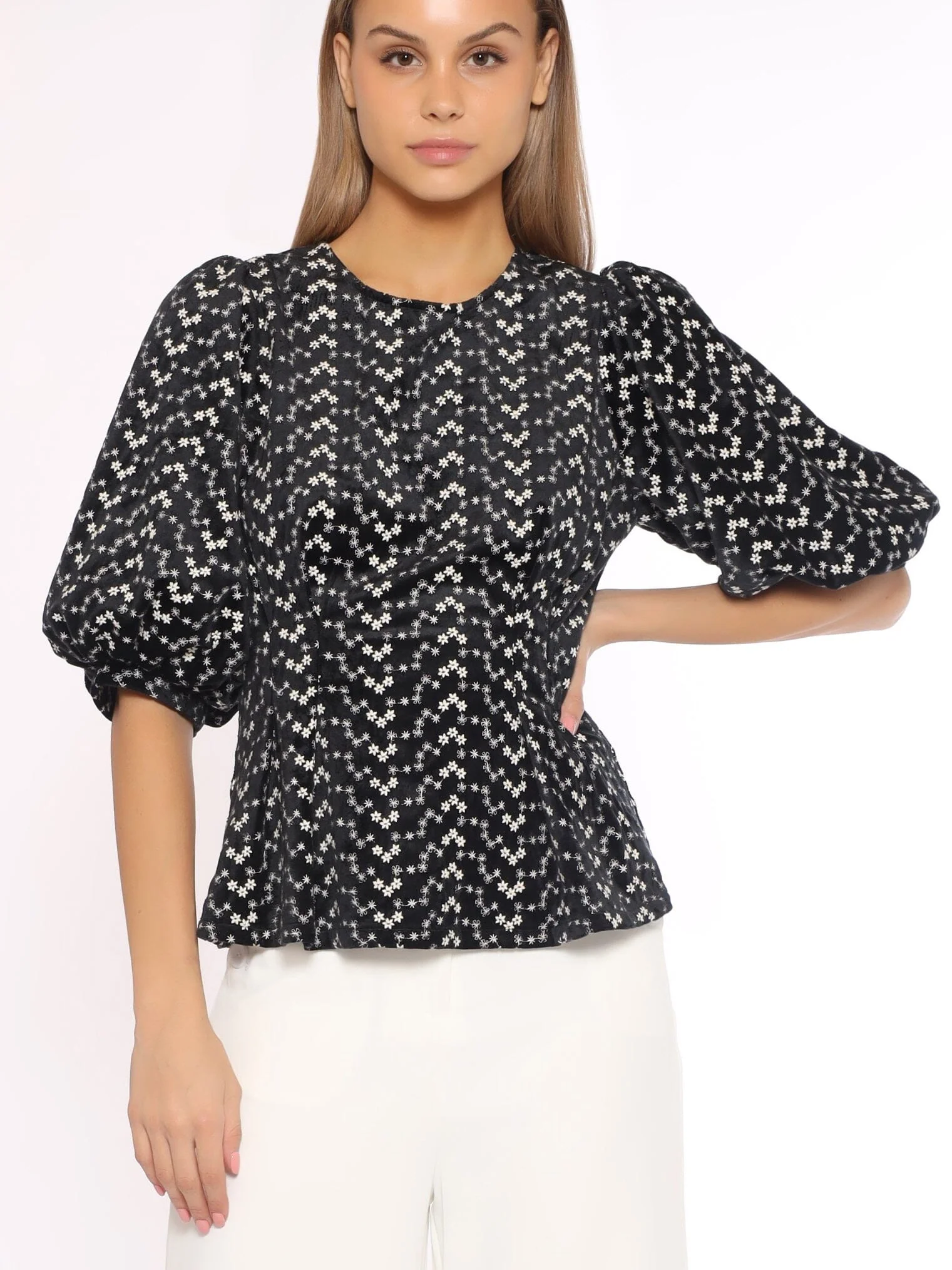 Flower Embroidered Puff Sleeve Peplum Style Blouse - Image 9