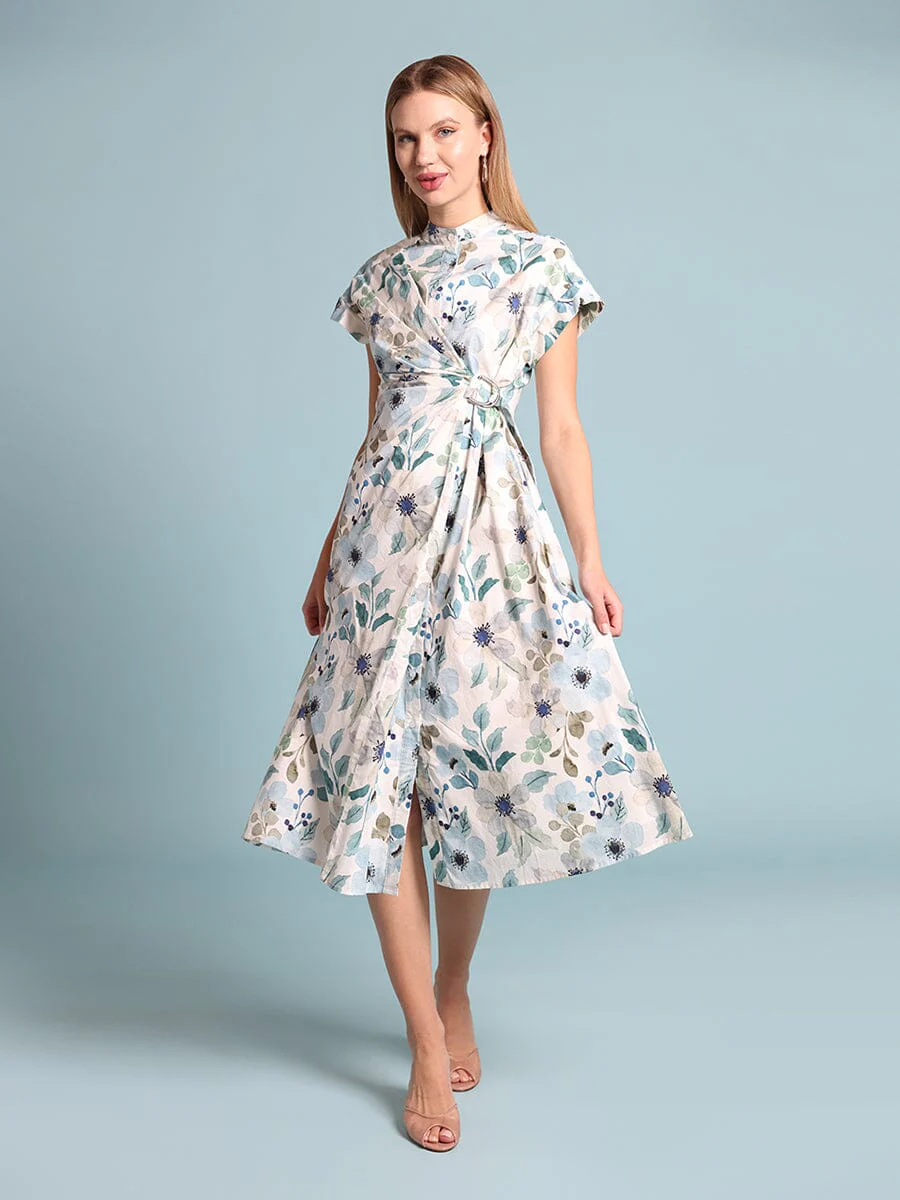 Flower print cross body short sleeve dress