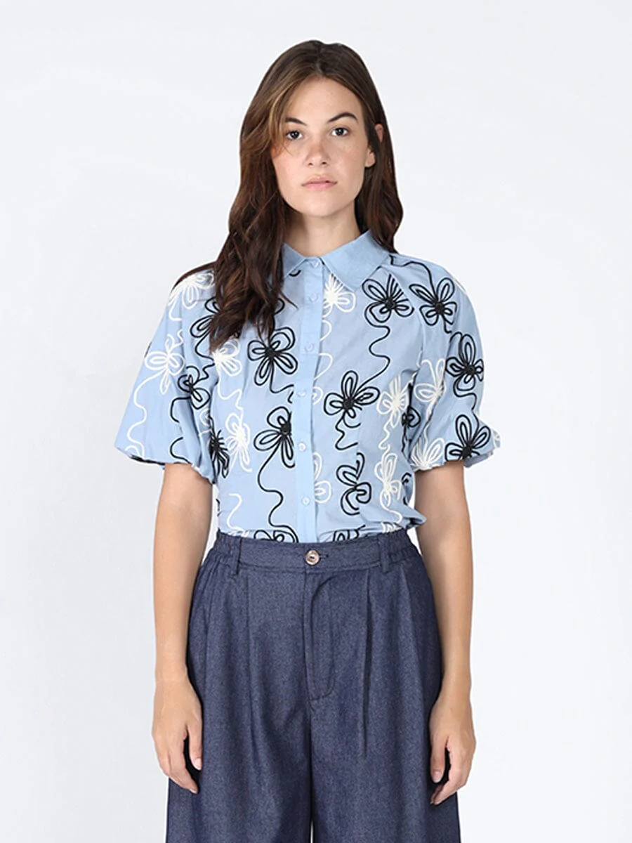 Flower stitch puffed sleeve shirt - Image 5