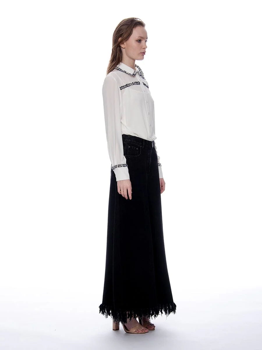 Frayed Raw Hem Wide Leg Slouchy Denim Pants - Image 3